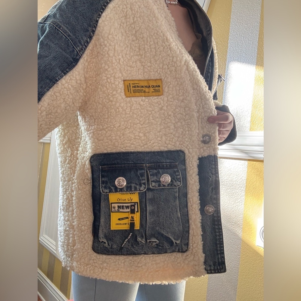 Denim and Sherpa Jacket with Yellow Accents - Picture 6 of 8